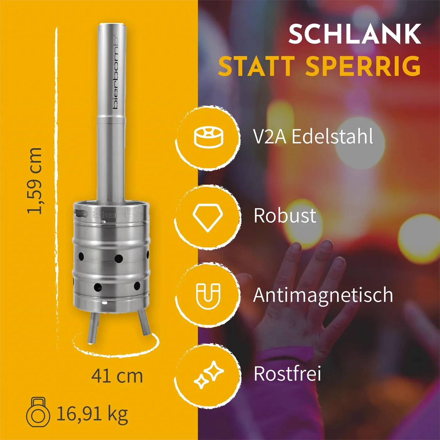 Infografik: bierbomb® Feuertonne, 1,59 m hoch, 41 cm breit, 16,91 kg, V2A-Edelstahl, robust, antimagnetisch, rostfrei