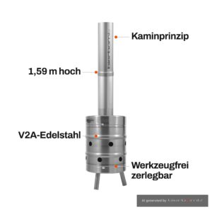 bierbomb® Feuertonne mit vier Angaben: Kaminprinzip, 1,59 m hoch, V2A-Edelstahl, werkzeugfrei zerlegbar